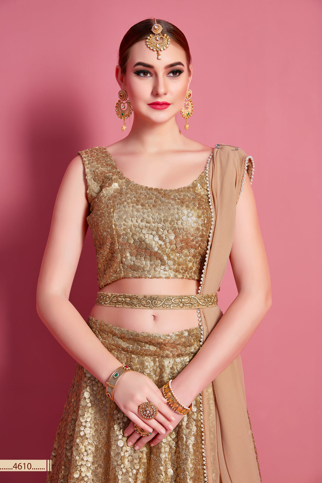 Golden Net Lehenga | Semi-Stitched with Embroidered Blouse & Dupatta