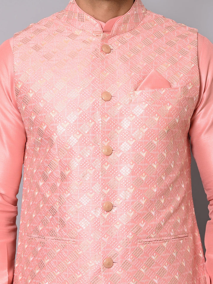 Ethnic Motifs Peach Jacket Kurta Set | Embroidered Poly Silk Festive Attire