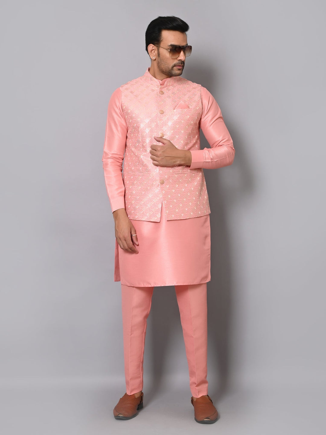 Ethnic Motifs Peach Jacket Kurta Set | Embroidered Poly Silk Festive Attire