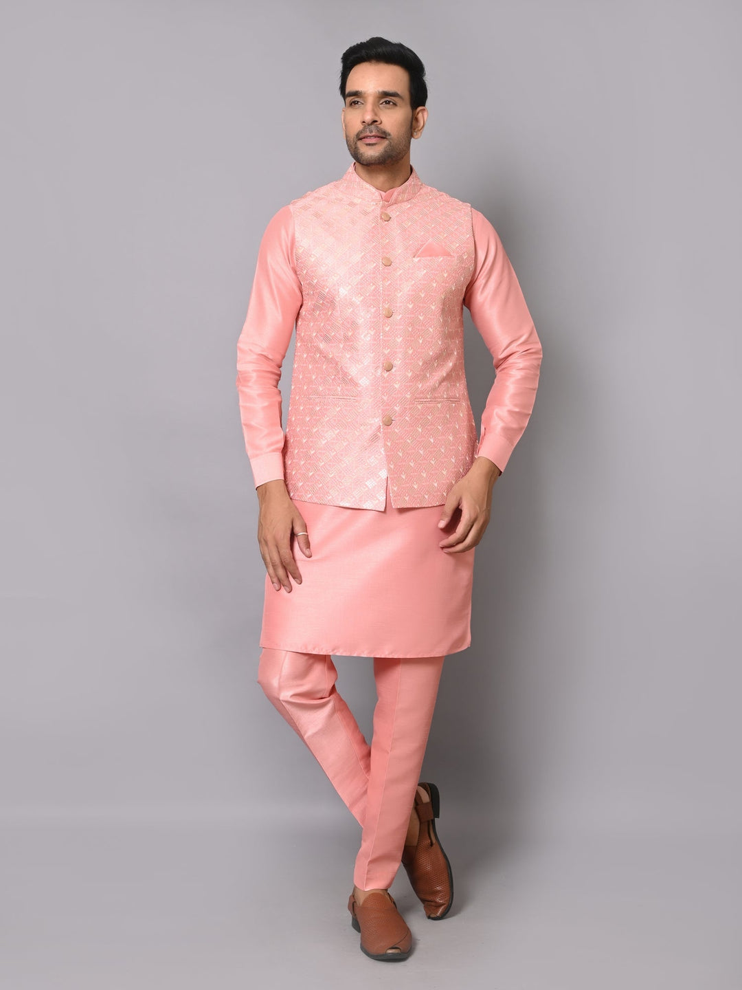 Ethnic Motifs Peach Jacket Kurta Set | Embroidered Poly Silk Festive Attire