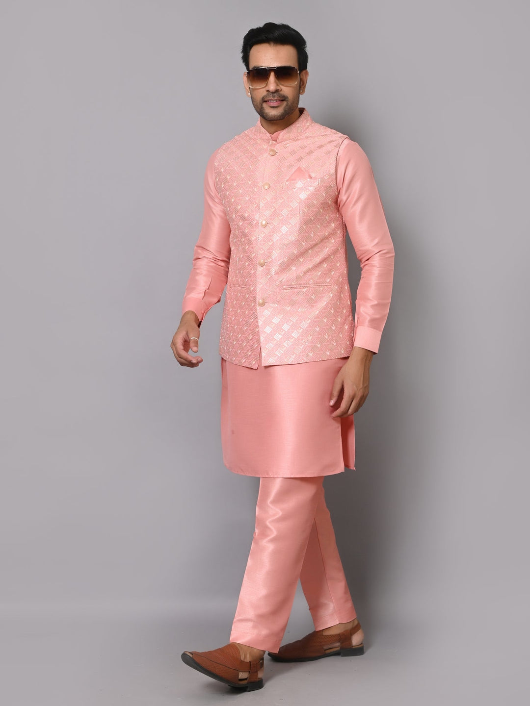 Ethnic Motifs Peach Jacket Kurta Set | Embroidered Poly Silk Festive Attire