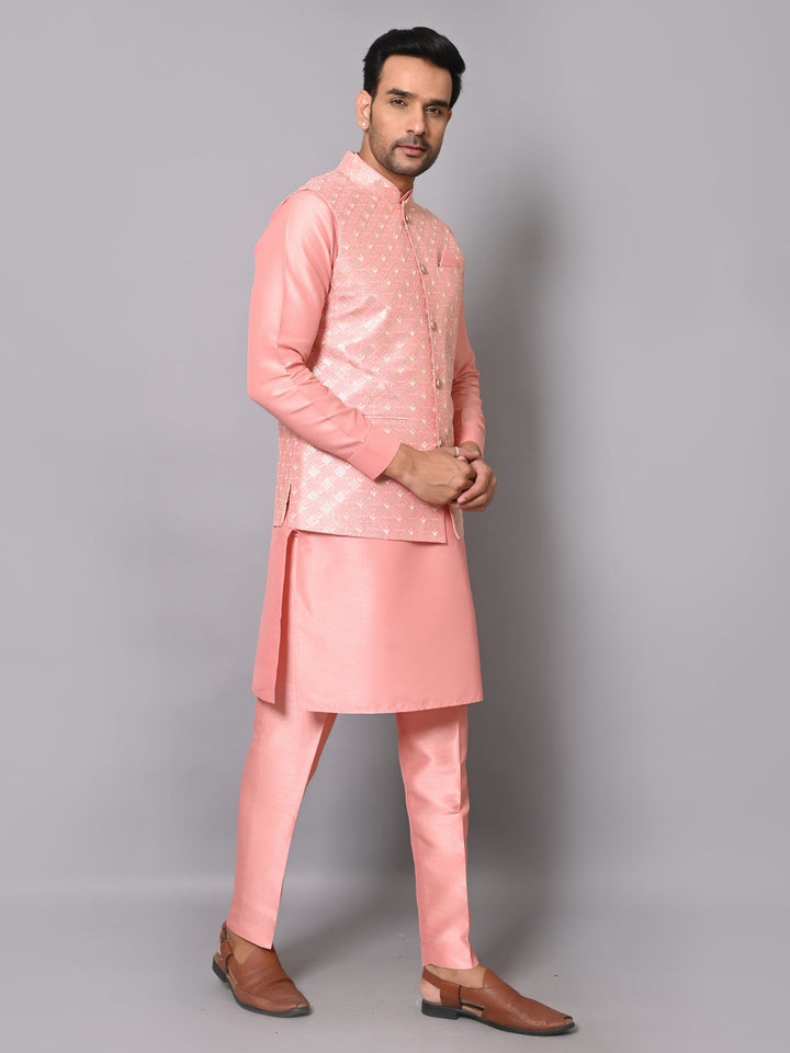 Ethnic Motifs Peach Jacket Kurta Set | Embroidered Poly Silk Festive Attire