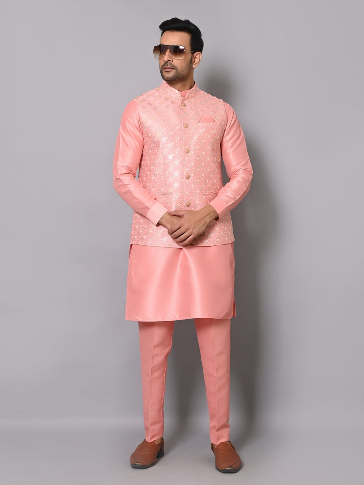 Ethnic Motifs Peach Jacket Kurta Set | Embroidered Poly Silk Festive Attire