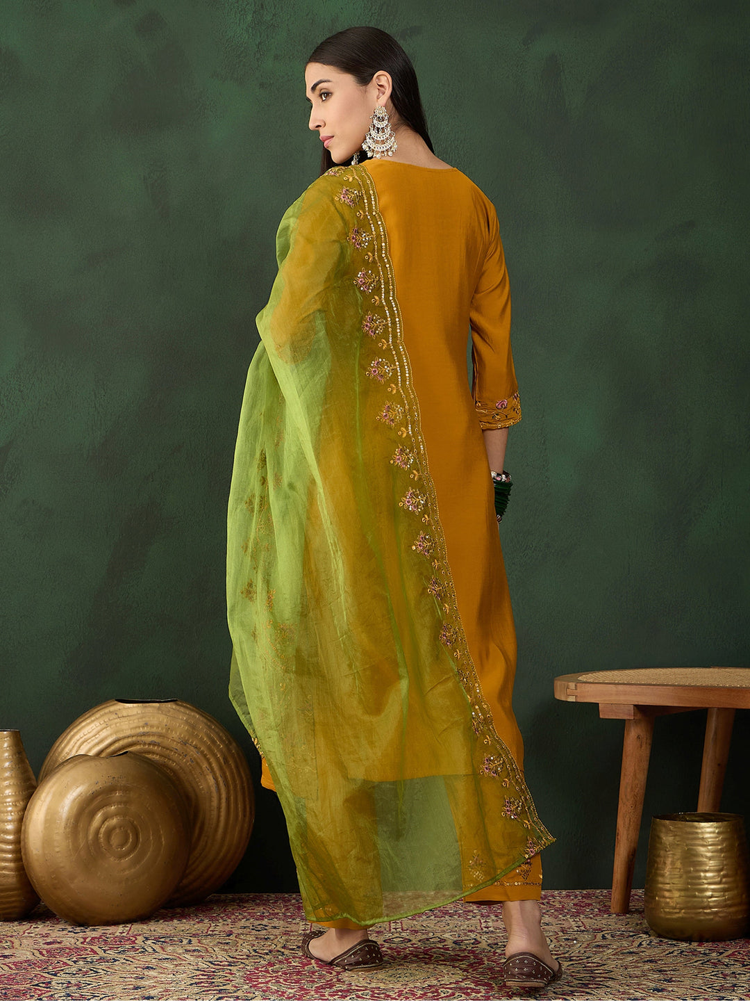 Incredible Mustard Yellow Embroidered Chinon Salwar Kameez