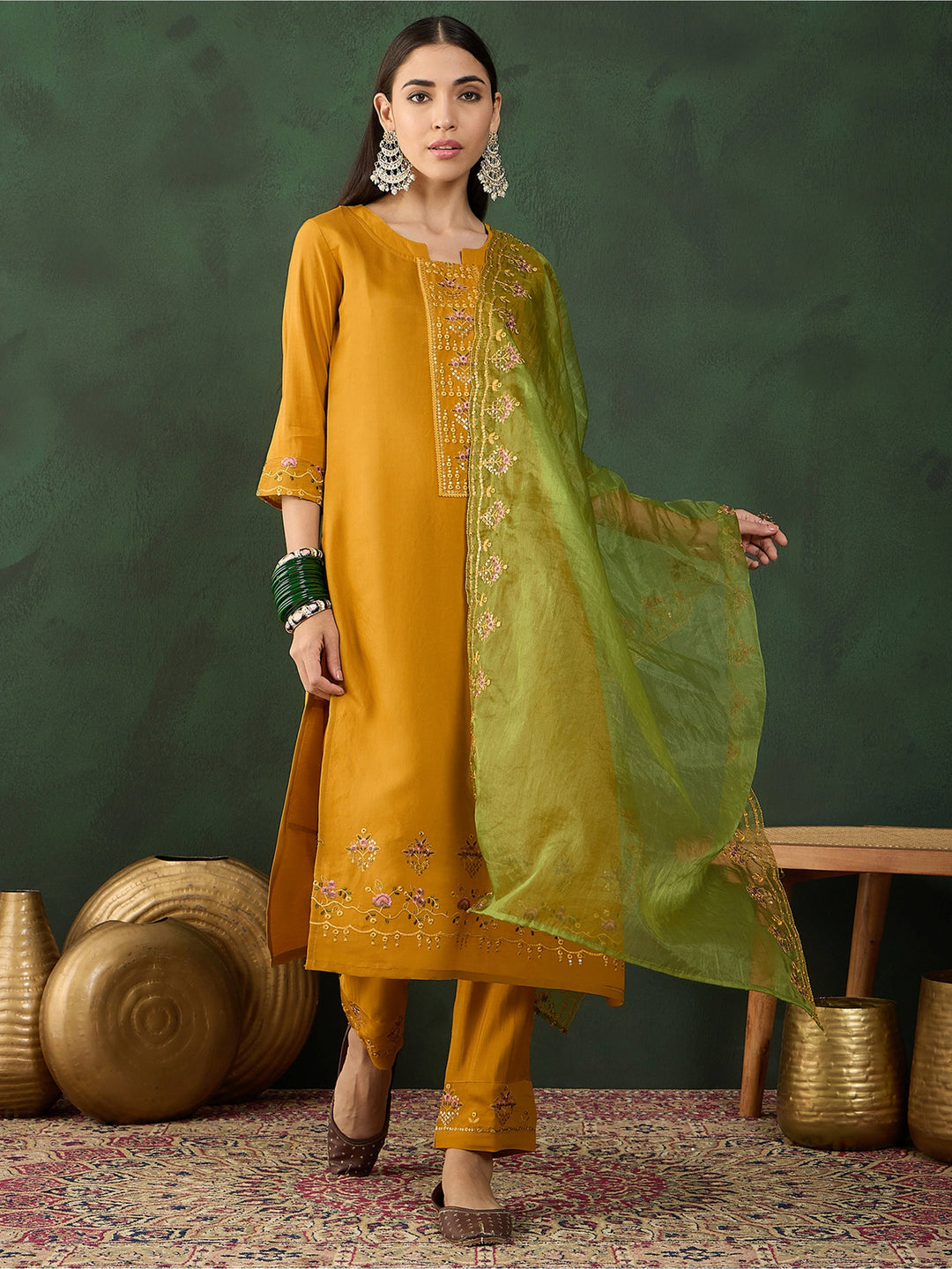 Incredible Mustard Yellow Embroidered Chinon Salwar Kameez