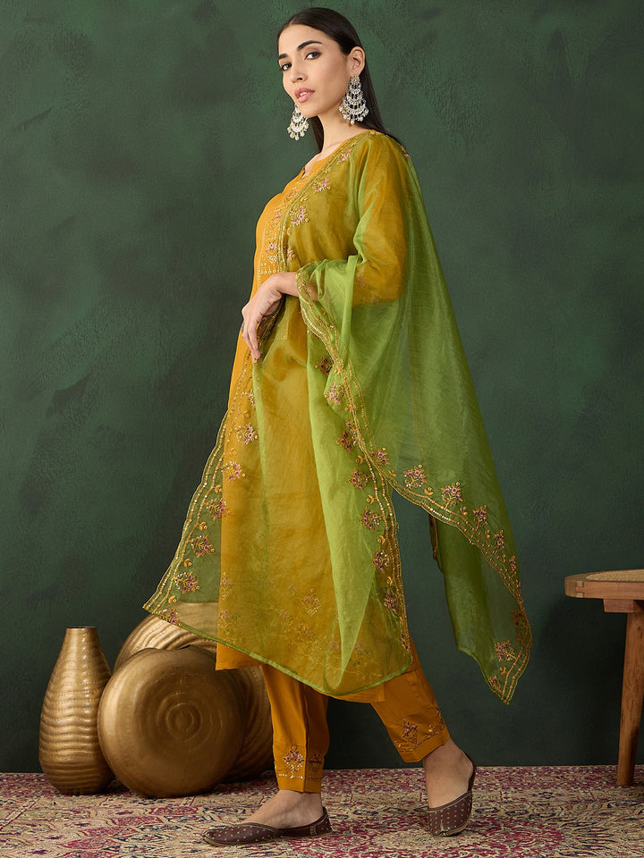 Incredible Mustard Yellow Embroidered Chinon Salwar Kameez