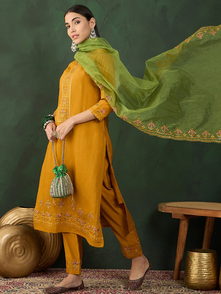 Incredible Mustard Yellow Embroidered Chinon Salwar Kameez