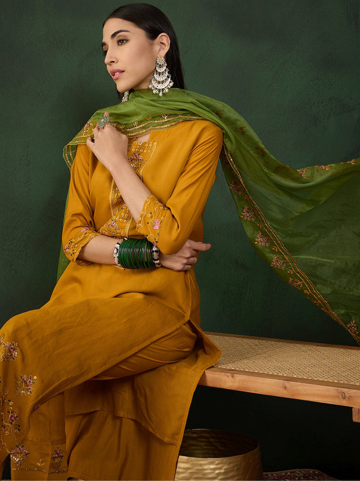 Incredible Mustard Yellow Embroidered Chinon Salwar Kameez