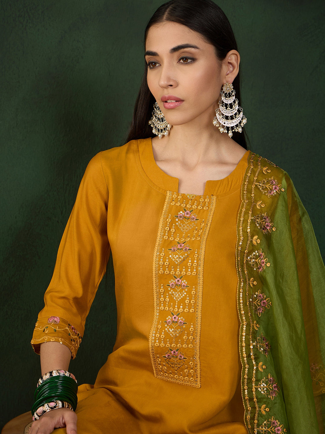 Incredible Mustard Yellow Embroidered Chinon Salwar Kameez