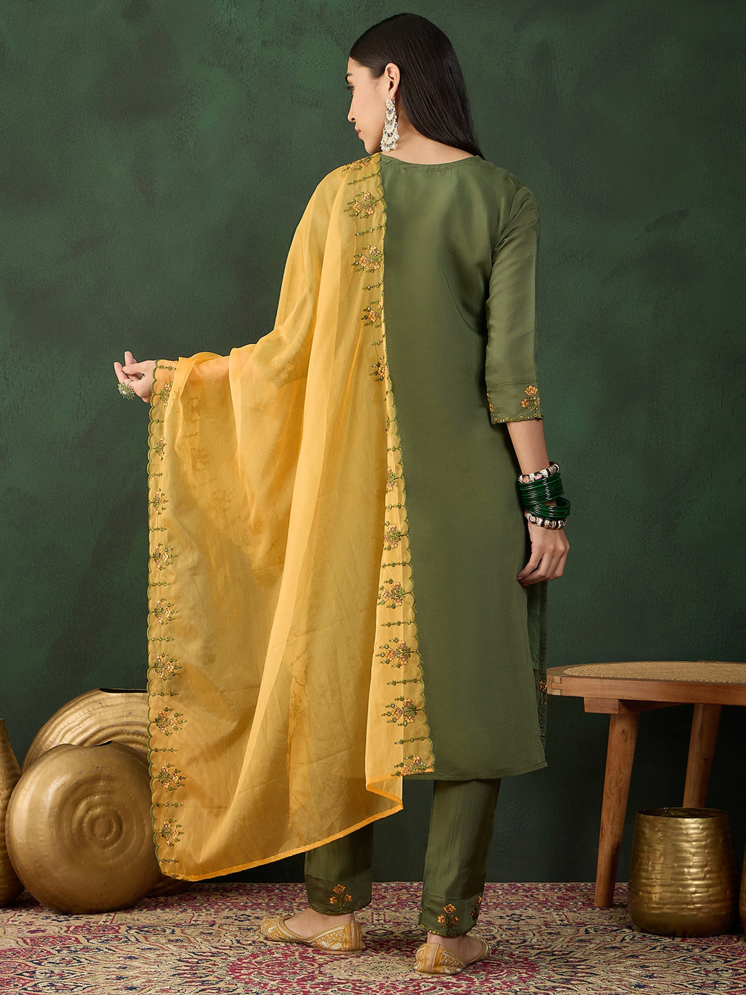 Fantastic Olive Green Embroidered Chinon Event Wear Salwar Kameez