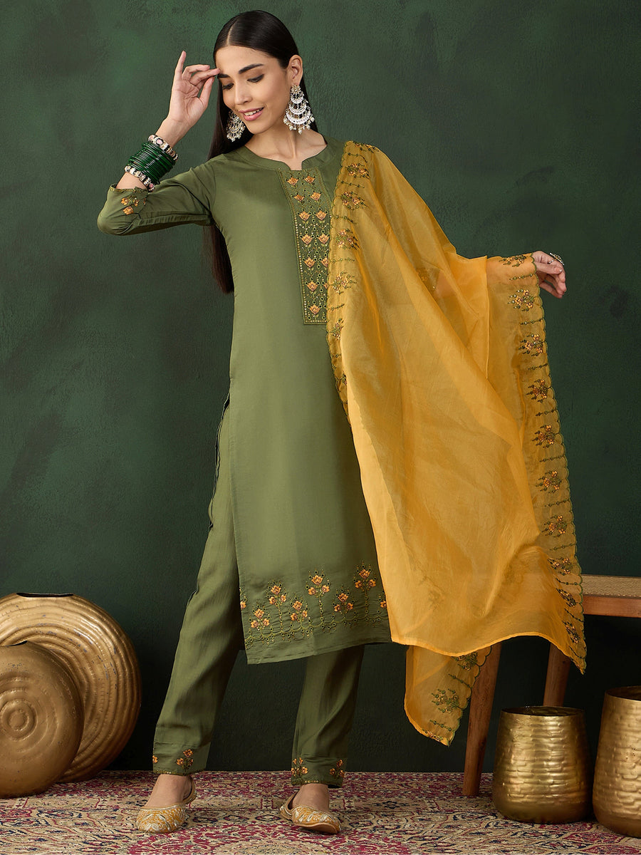 Fantastic Olive Green Embroidered Chinon Event Wear Salwar Kameez