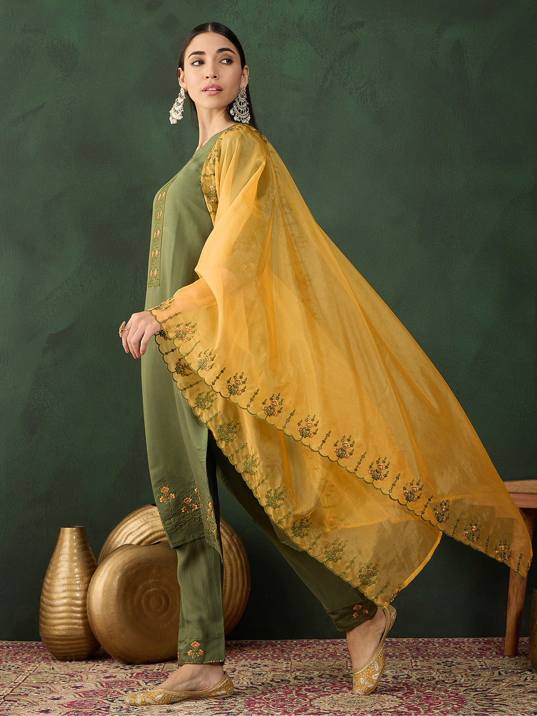 Fantastic Olive Green Embroidered Chinon Event Wear Salwar Kameez