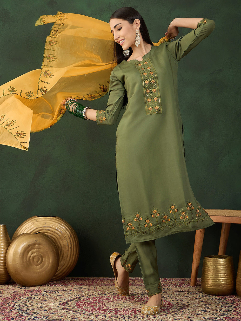 Fantastic Olive Green Embroidered Chinon Event Wear Salwar Kameez