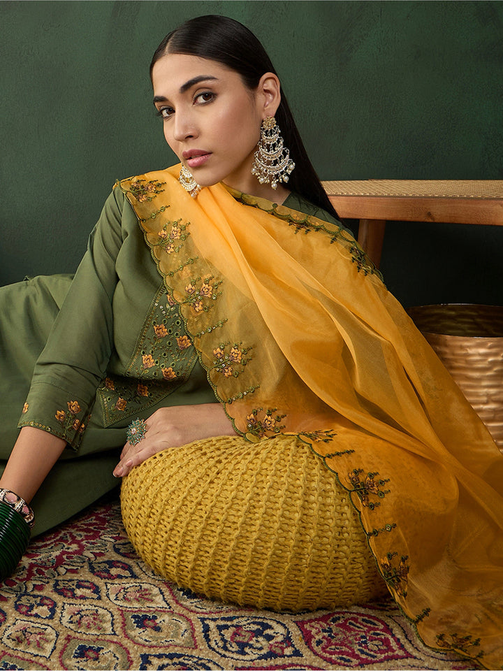 Fantastic Olive Green Embroidered Chinon Event Wear Salwar Kameez