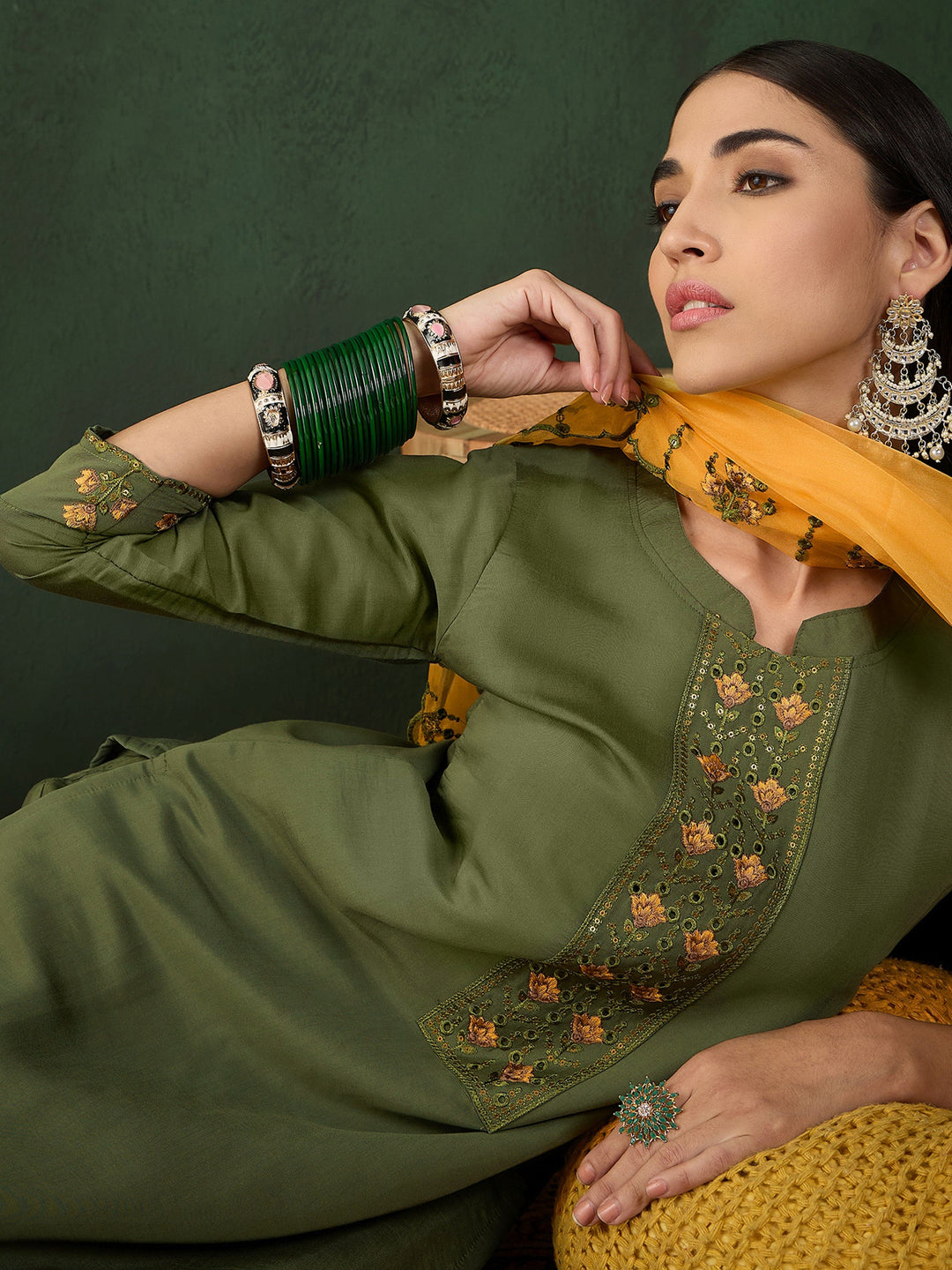 Fantastic Olive Green Embroidered Chinon Event Wear Salwar Kameez