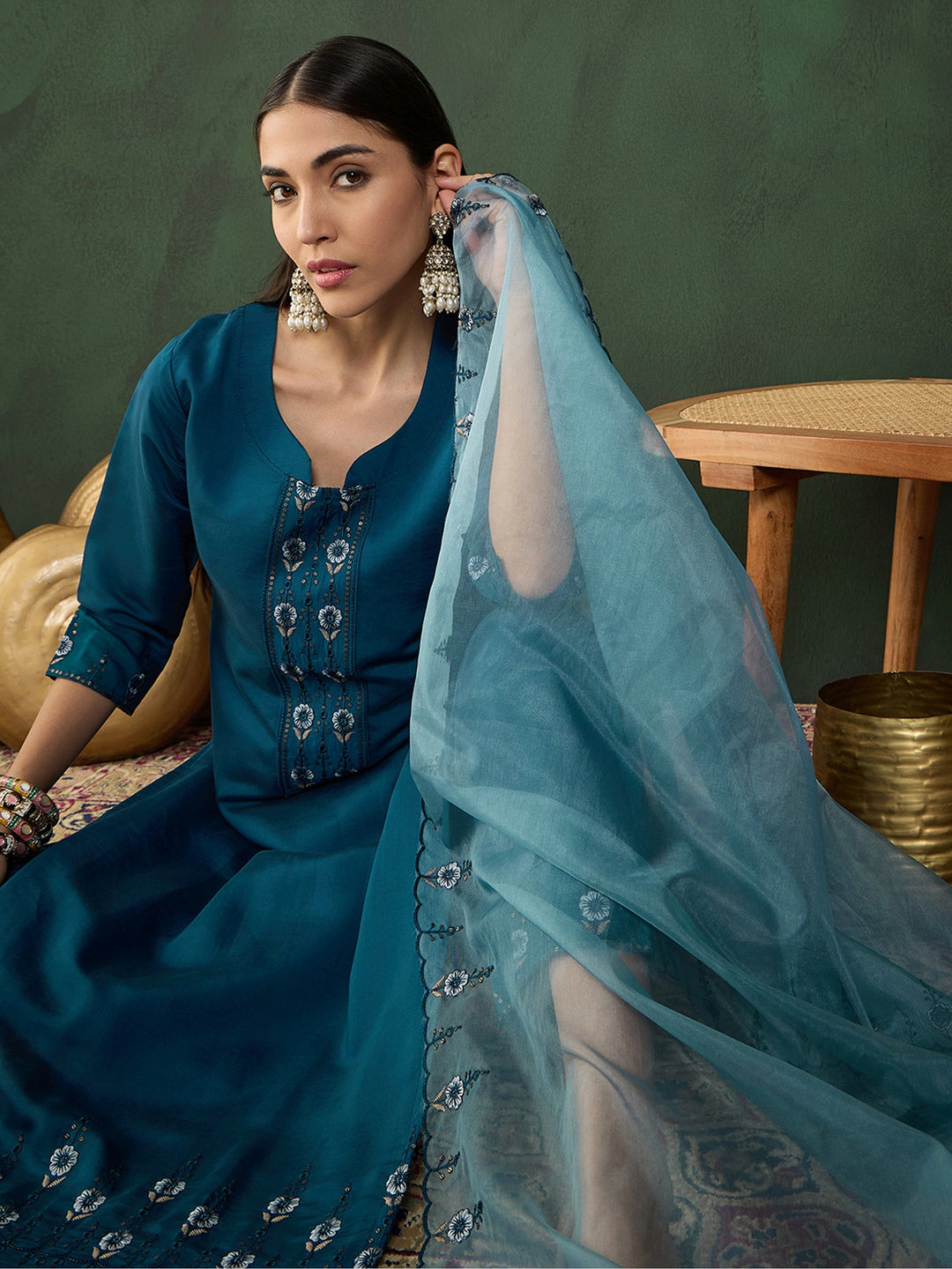 Marvelous Blue Embroidered Chinon Festival Wear Salwar Kameez