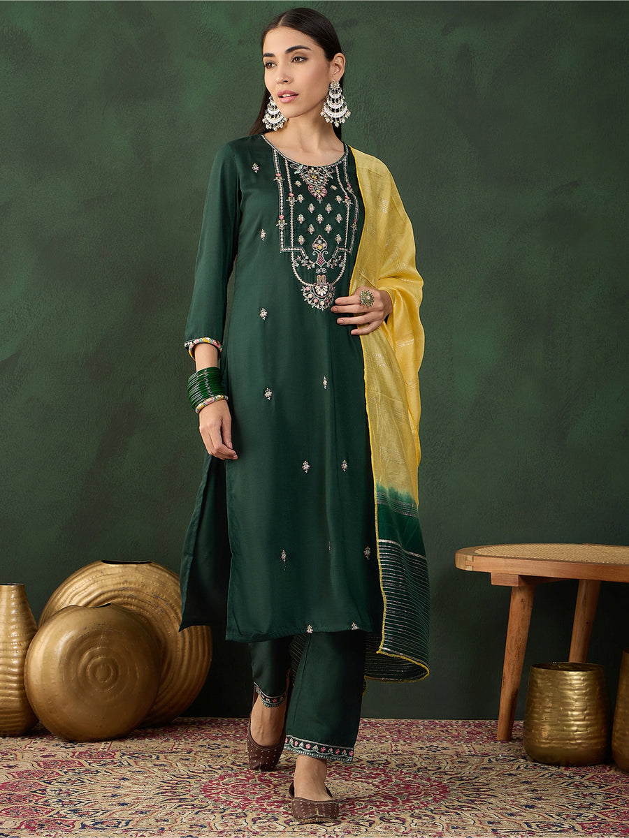 Awesome Green Embroidered Chinon Mehendi Wear Pant Suit