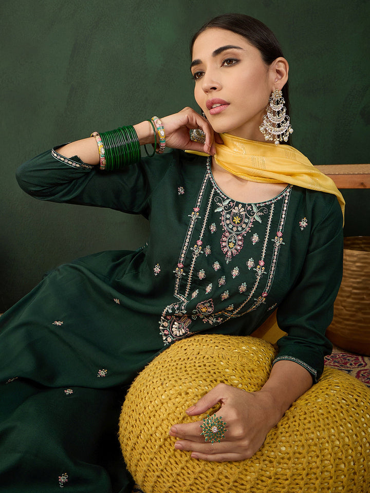 Awesome Green Embroidered Chinon Mehendi Wear Pant Suit