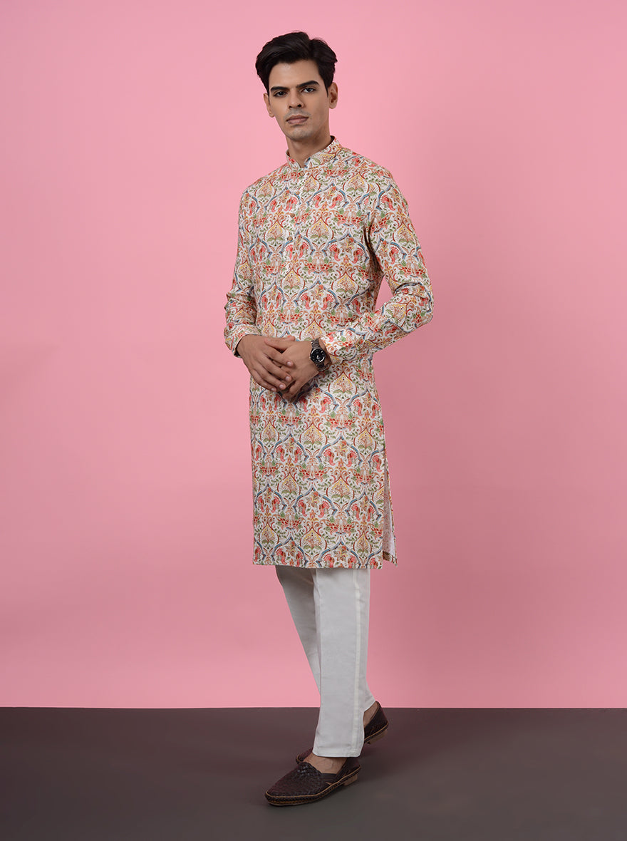 Celebrate in style with our beige kurta pajama, tailored for modern men.