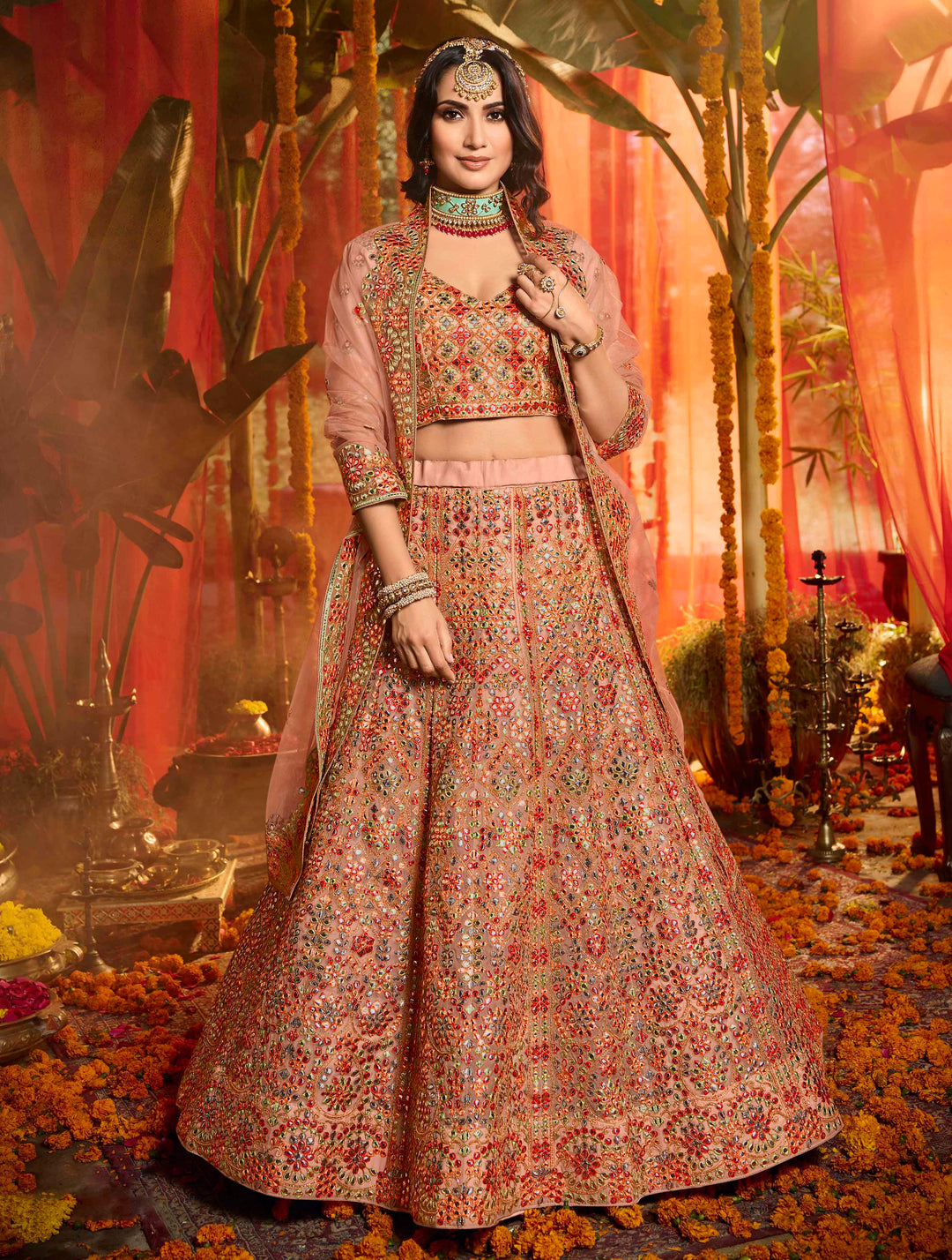 Peach Lehenga for Women | Soft Net Lehenga with Thread & Mirror Work