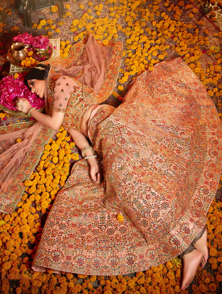 Peach Lehenga for Women | Soft Net Lehenga with Thread & Mirror Work