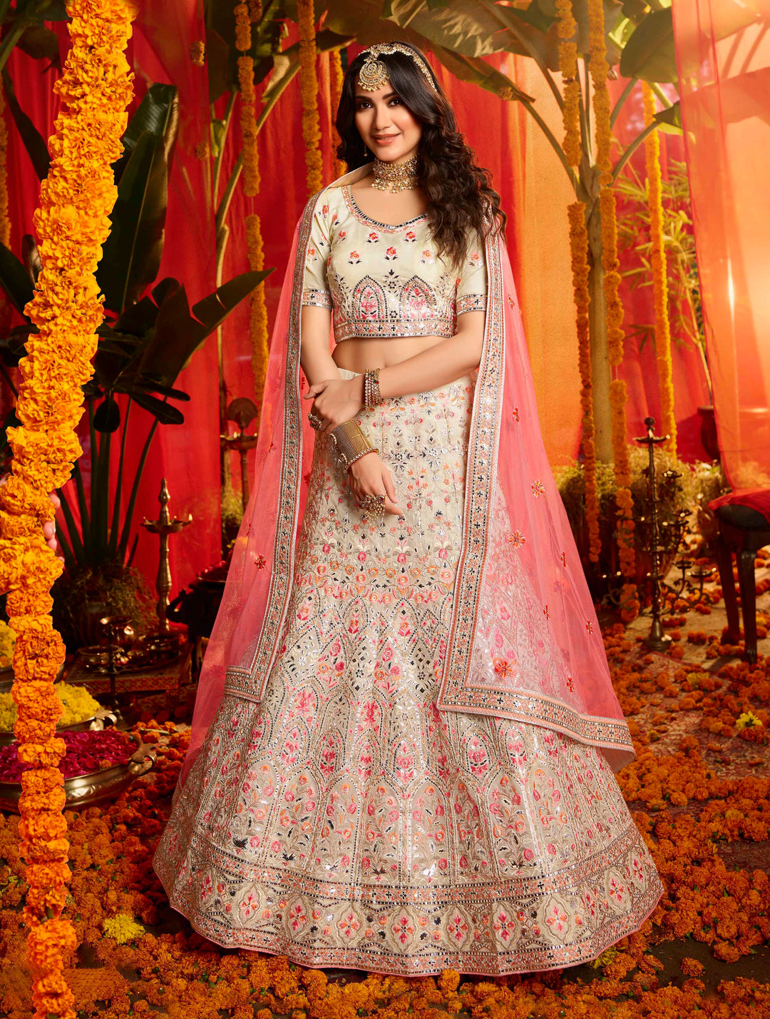 Indian Lehenga for Women | White Organza Crop Top Set