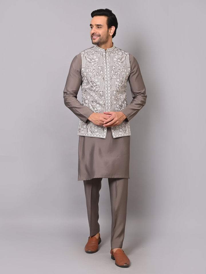 Woven Design Grey Jacket Kurta Set | Embroidered Cotton Blend Festive Wear