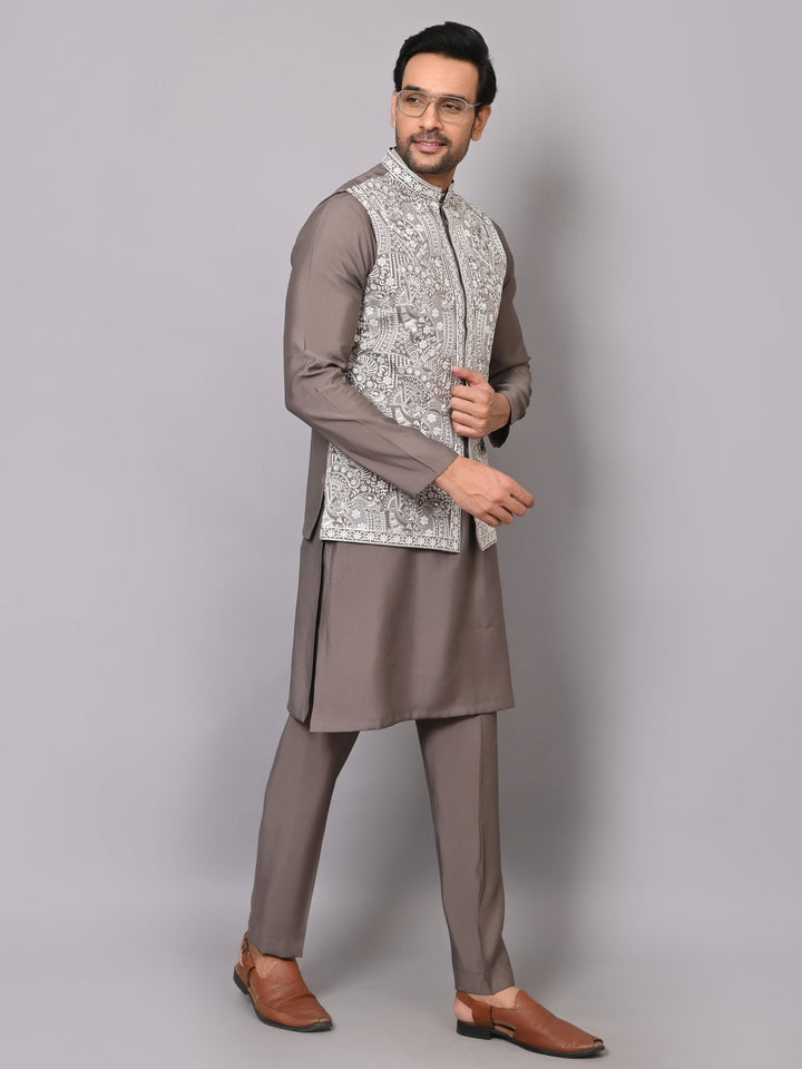 Woven Design Grey Jacket Kurta Set | Embroidered Cotton Blend Festive Wear