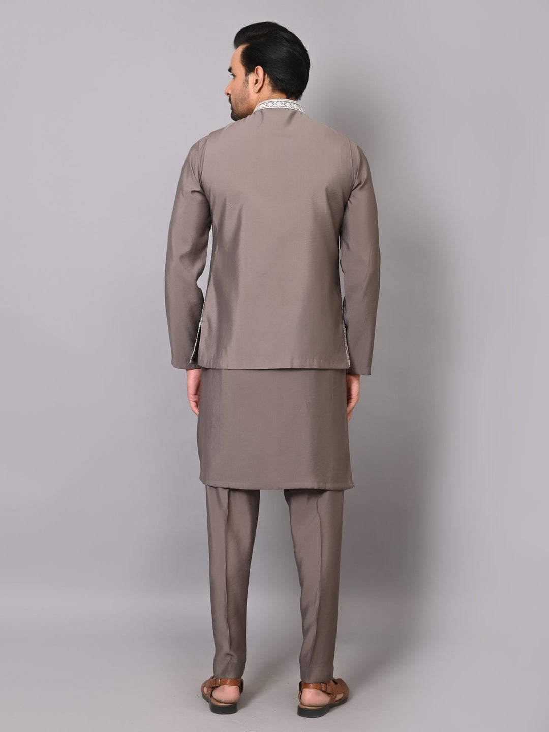 Woven Design Grey Jacket Kurta Set | Embroidered Cotton Blend Festive Wear