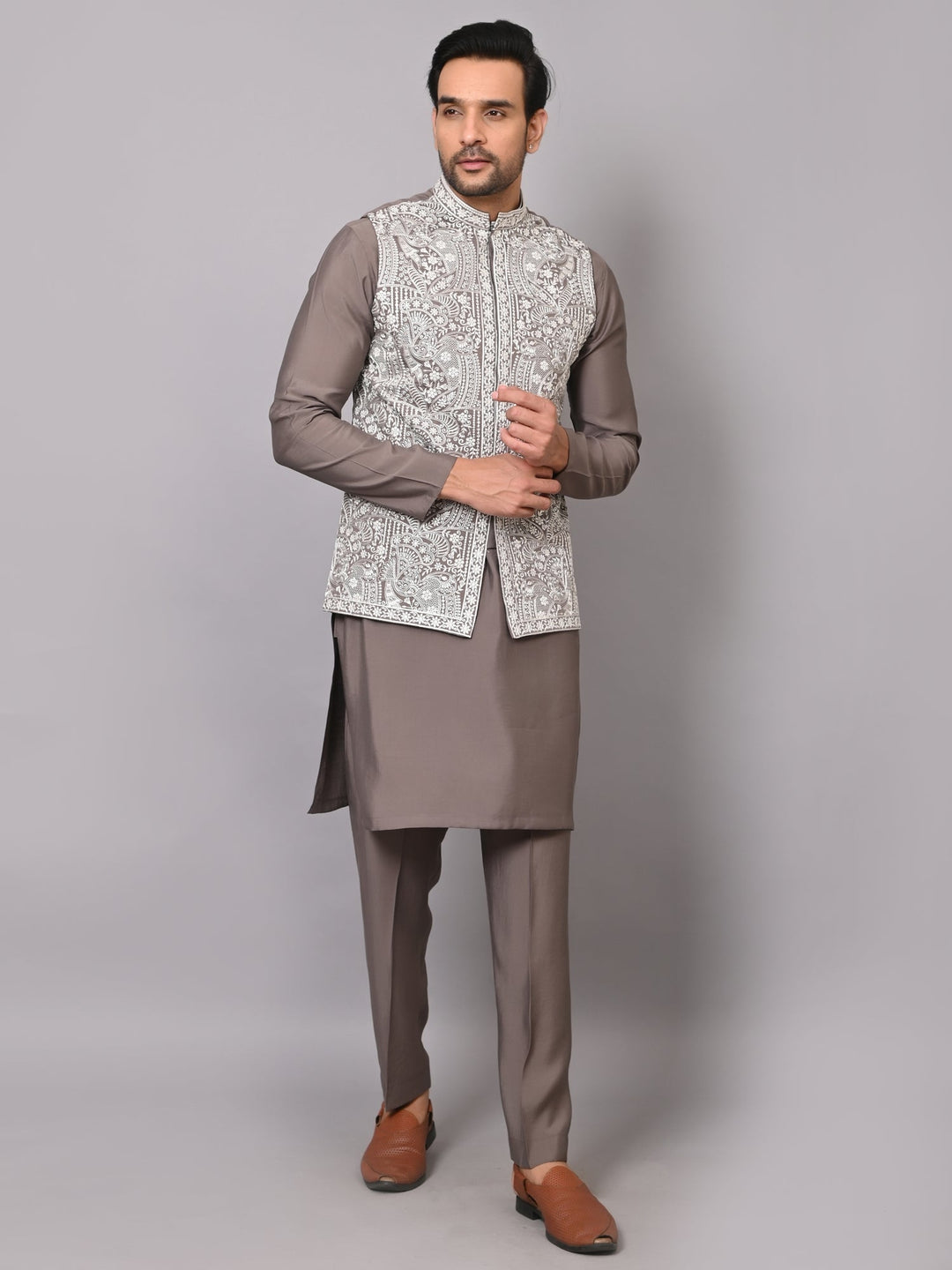 Woven Design Grey Jacket Kurta Set | Embroidered Cotton Blend Festive Wear