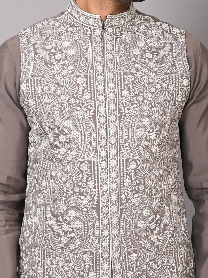 Woven Design Grey Jacket Kurta Set | Embroidered Cotton Blend Festive Wear