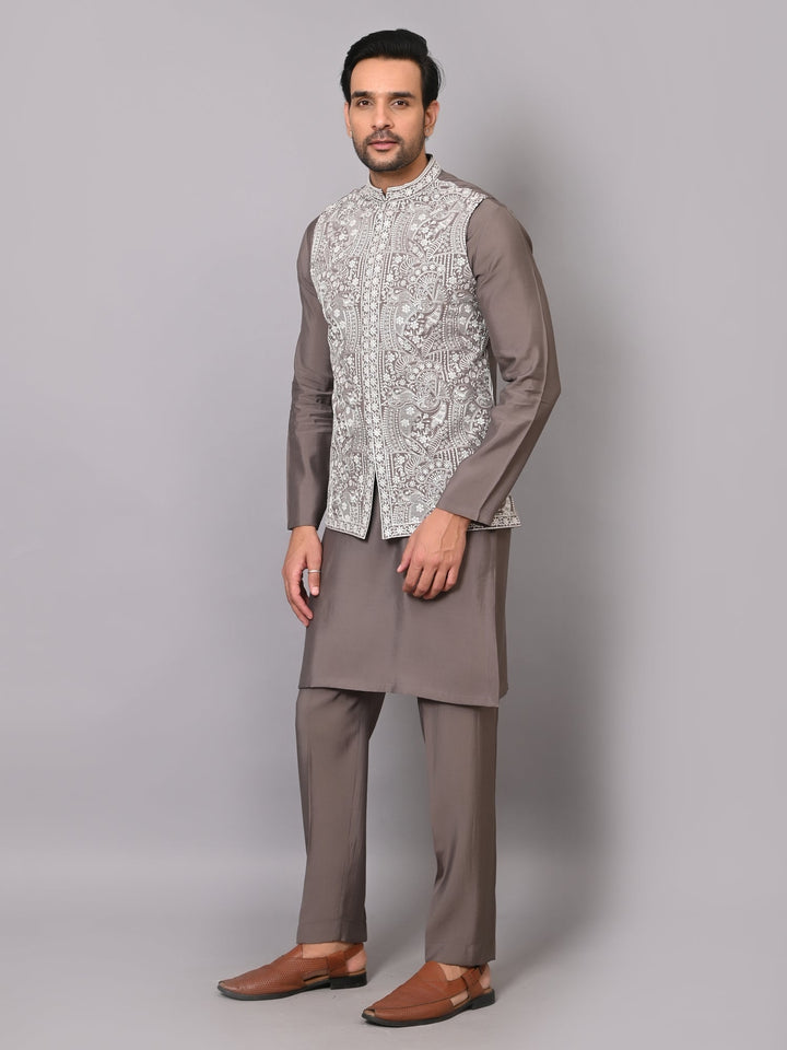 Woven Design Grey Jacket Kurta Set | Embroidered Cotton Blend Festive Wear