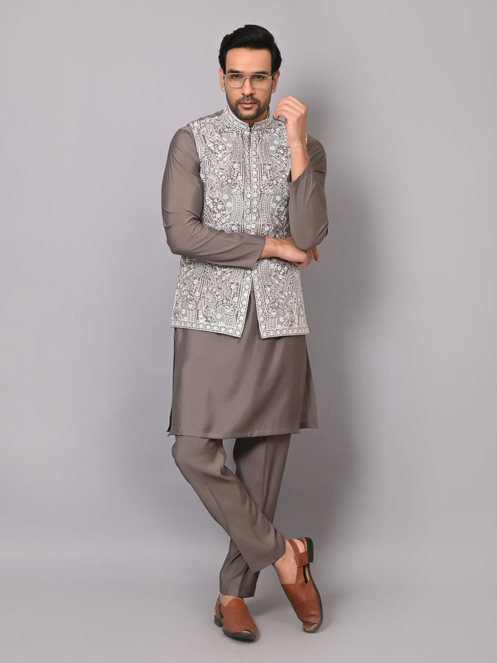 Woven Design Grey Jacket Kurta Set | Embroidered Cotton Blend Festive Wear