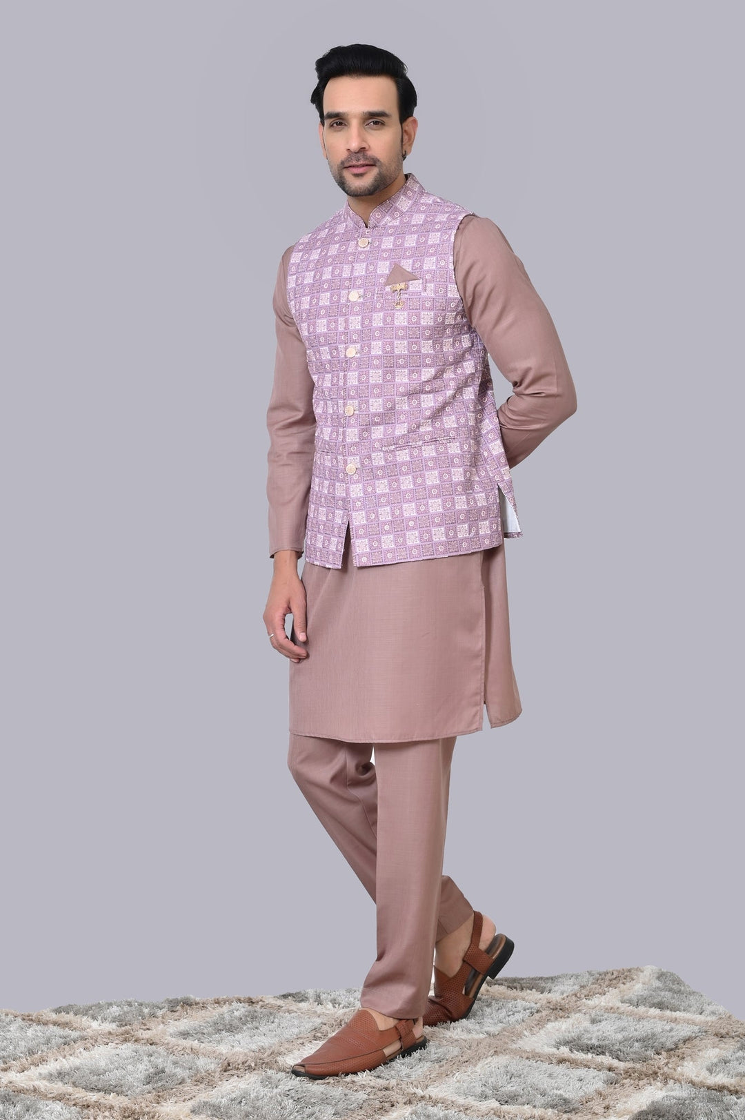 Checked Purple Jacket Kurta Set | Printed Chikan Cotton Blend Festive Wear