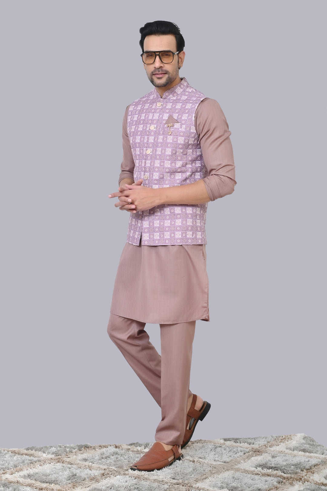 Checked Purple Jacket Kurta Set | Printed Chikan Cotton Blend Festive Wear