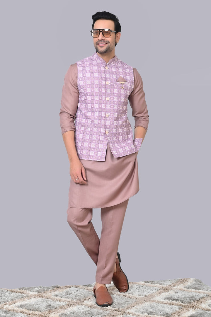 Checked Purple Jacket Kurta Set | Printed Chikan Cotton Blend Festive Wear