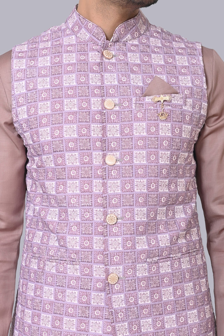 Checked Purple Jacket Kurta Set | Printed Chikan Cotton Blend Festive Wear