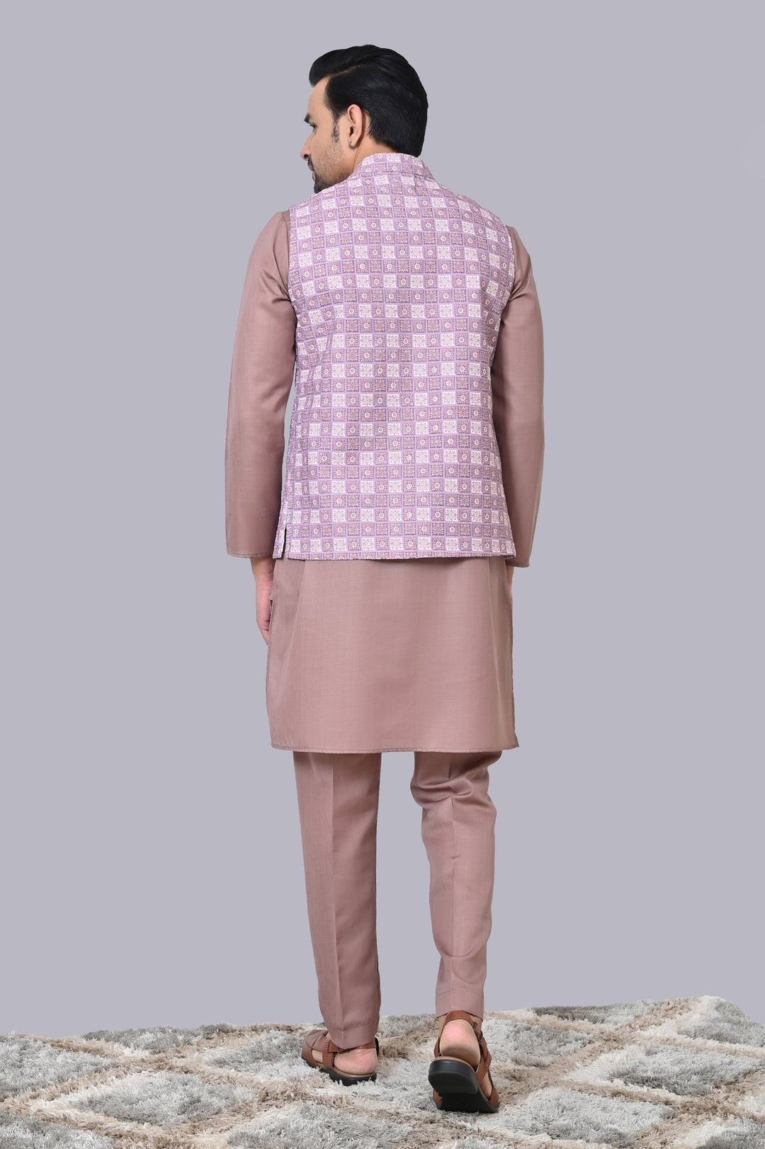 Checked Purple Jacket Kurta Set | Printed Chikan Cotton Blend Festive Wear