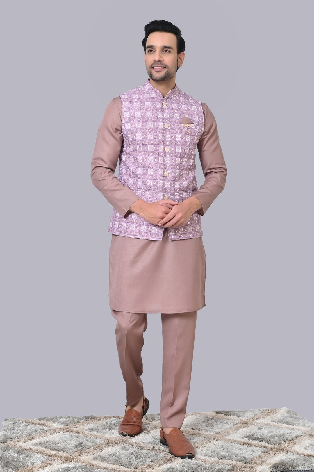 Checked Purple Jacket Kurta Set | Printed Chikan Cotton Blend Festive Wear