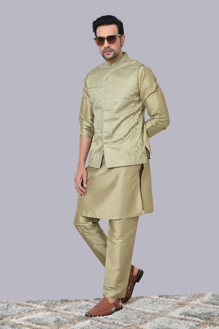 Geometric Pista Jacket Kurta Set | Festive Printed Chikan Cotton Blend