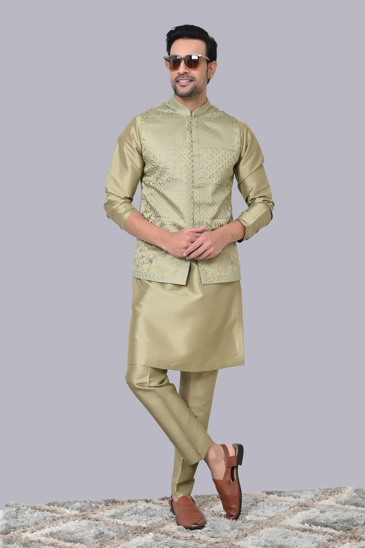 Geometric Pista Jacket Kurta Set | Festive Printed Chikan Cotton Blend