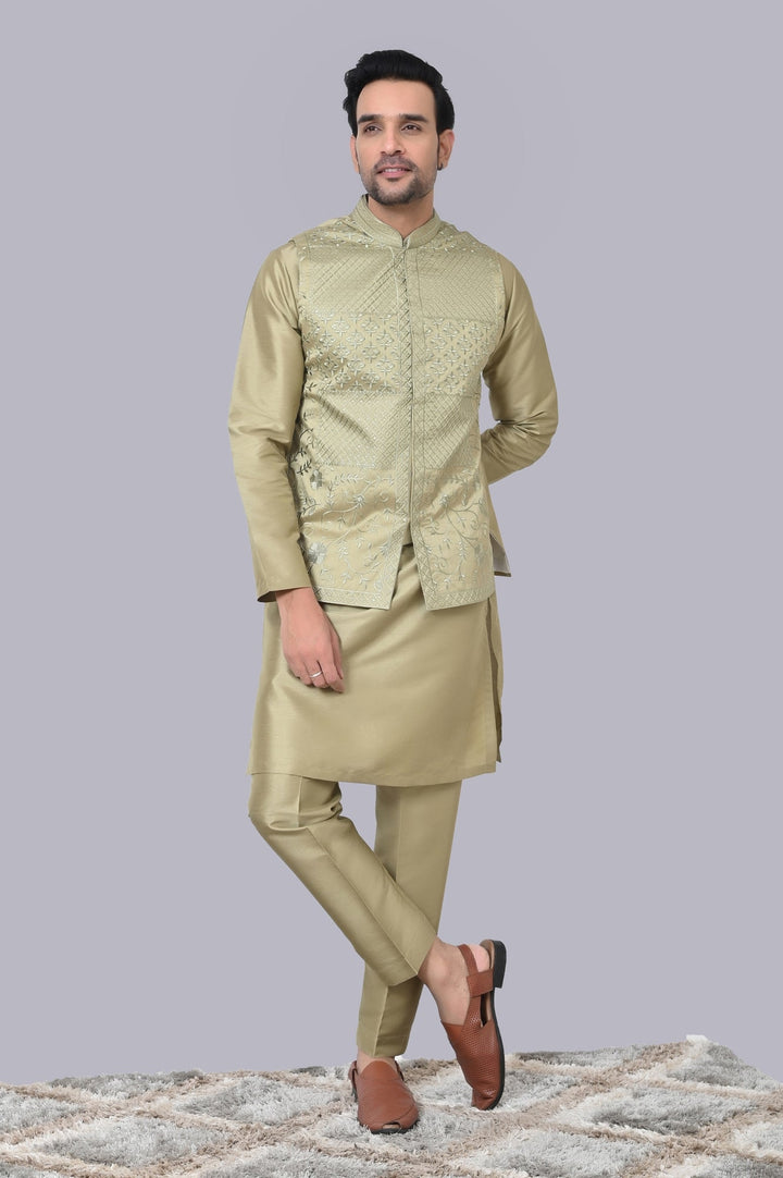 Geometric Pista Jacket Kurta Set | Festive Printed Chikan Cotton Blend