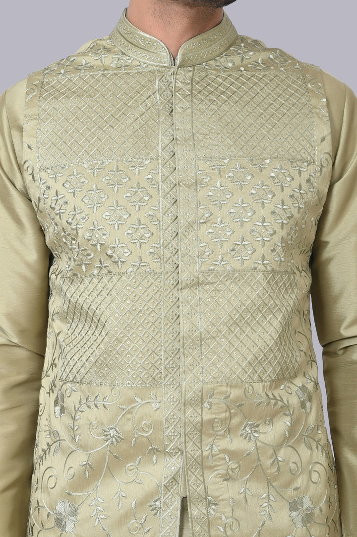 Geometric Pista Jacket Kurta Set | Festive Printed Chikan Cotton Blend