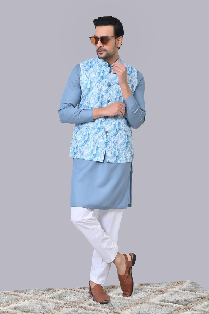 Textured Blue Jacket Kurta Set | Festive Cotton Blend Combo for Men