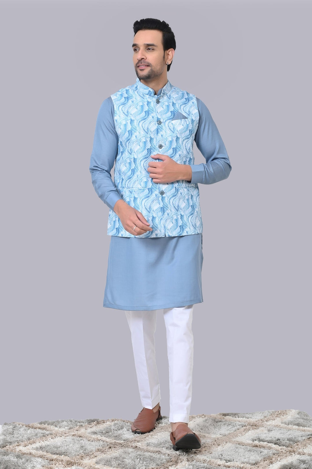 Textured Blue Jacket Kurta Set | Festive Cotton Blend Combo for Men