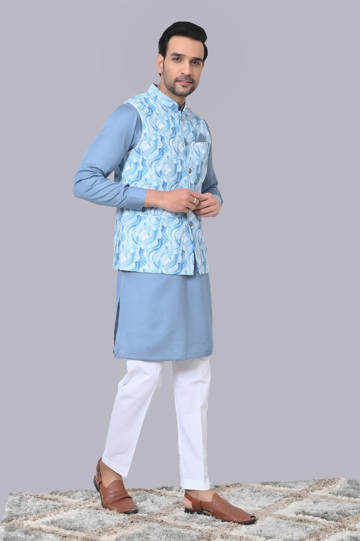 Textured Blue Jacket Kurta Set | Festive Cotton Blend Combo for Men