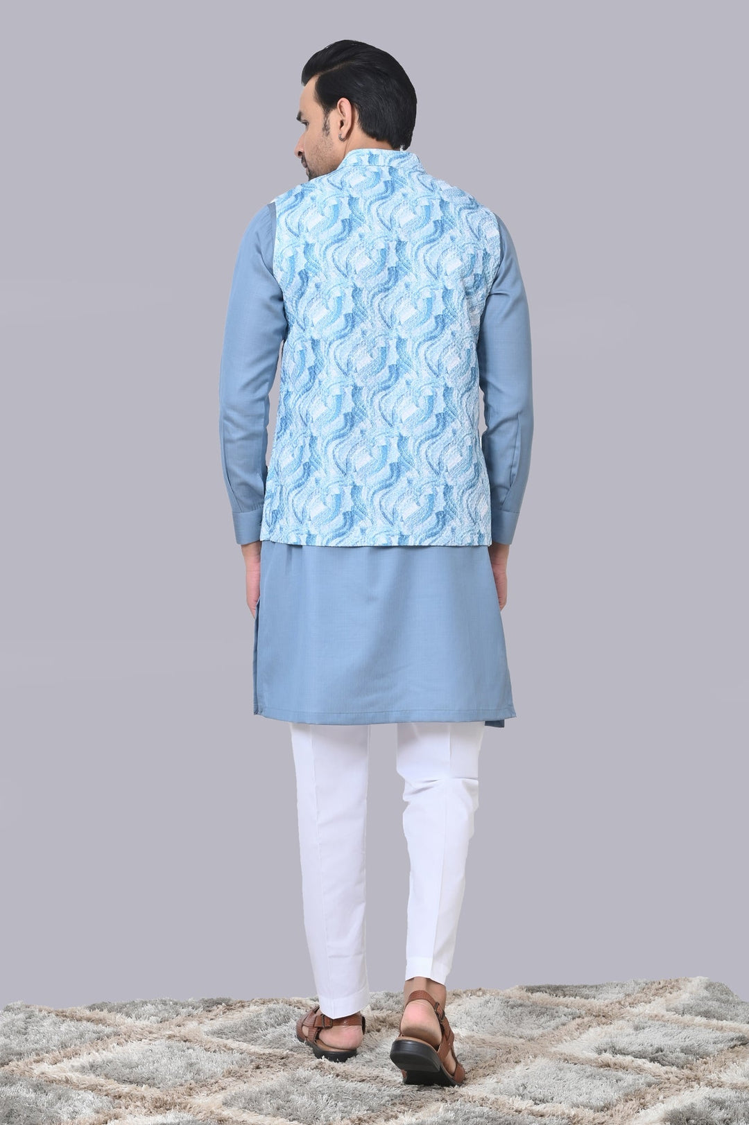 Textured Blue Jacket Kurta Set | Festive Cotton Blend Combo for Men