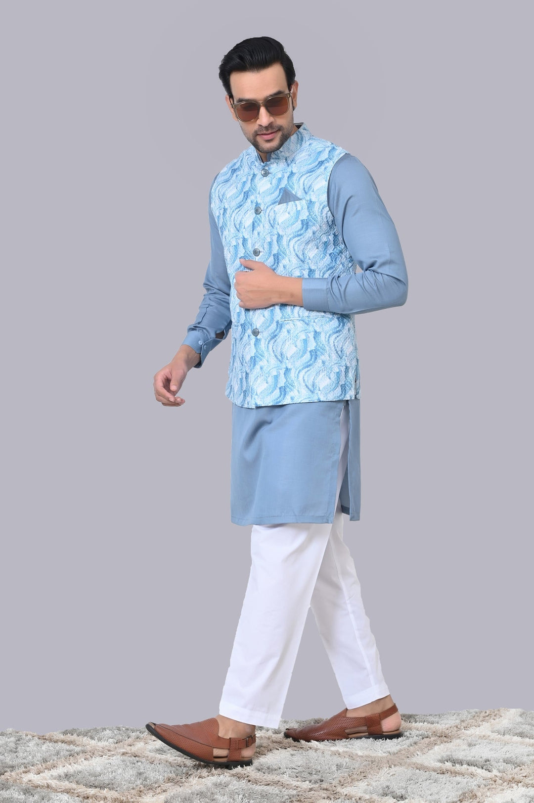 Textured Blue Jacket Kurta Set | Festive Cotton Blend Combo for Men