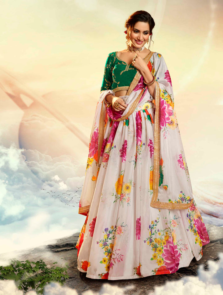 Off-White Digital Printed Lehenga | Floral Choli with Dupatta for Women