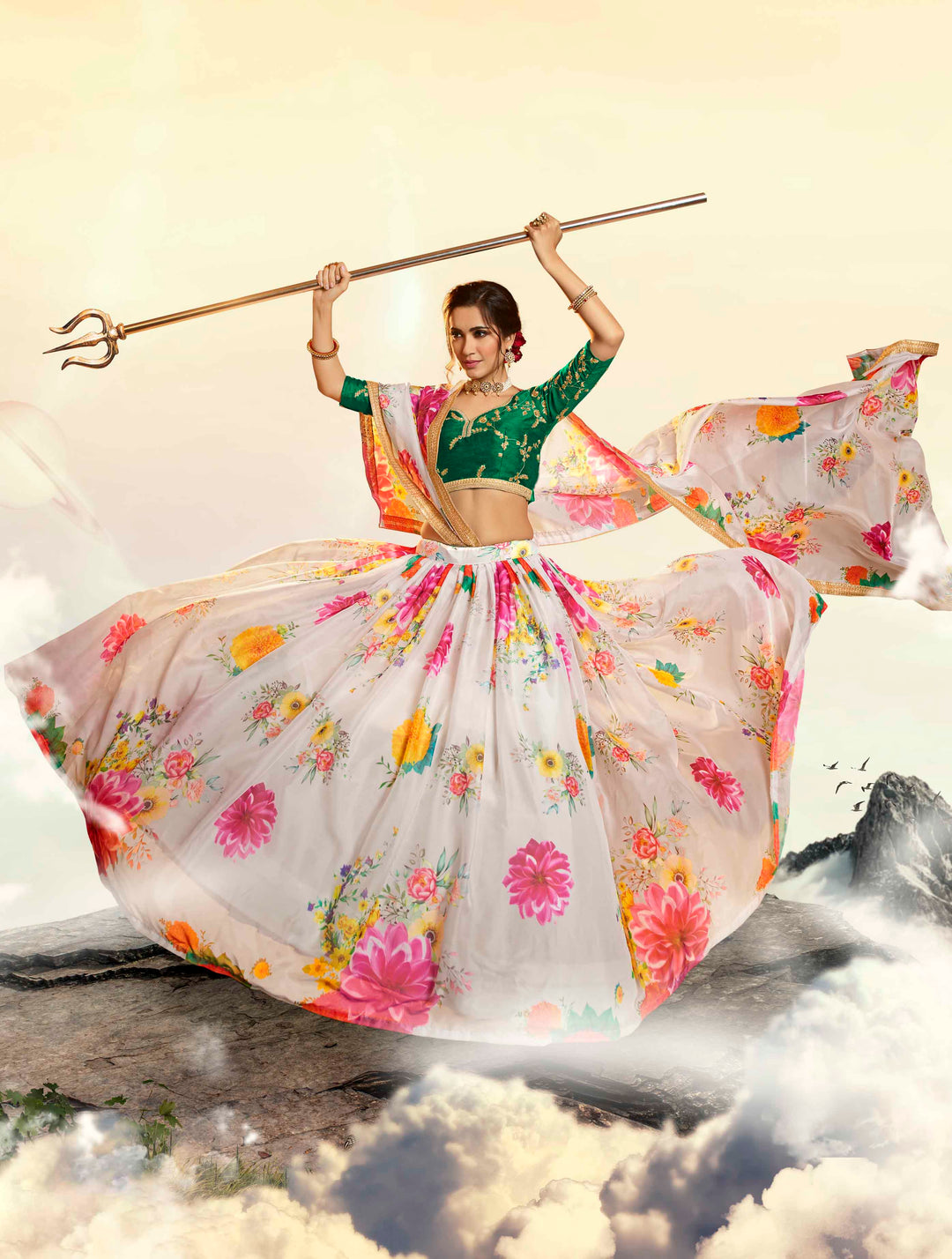 Off-White Digital Printed Lehenga | Floral Choli with Dupatta for Women